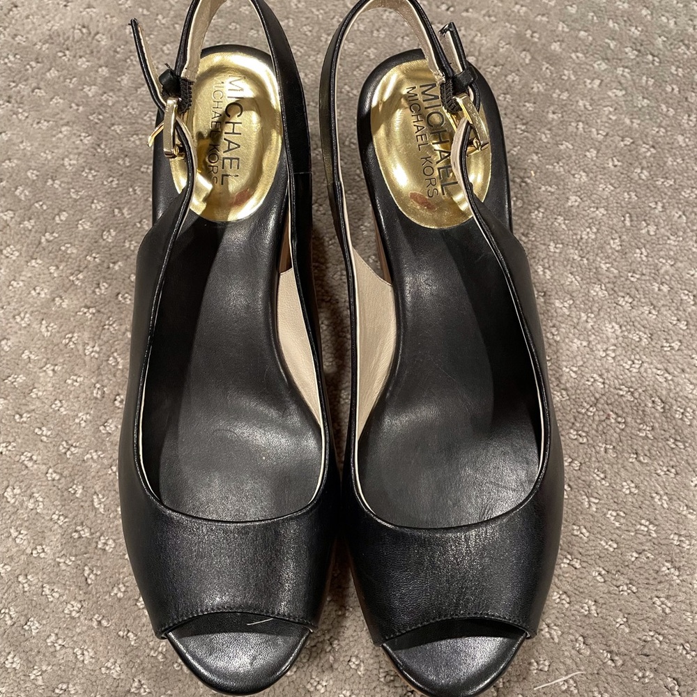 Michael Kors Natalia Black Leather Peep toe Slingback Cork Wedges Size: 7
